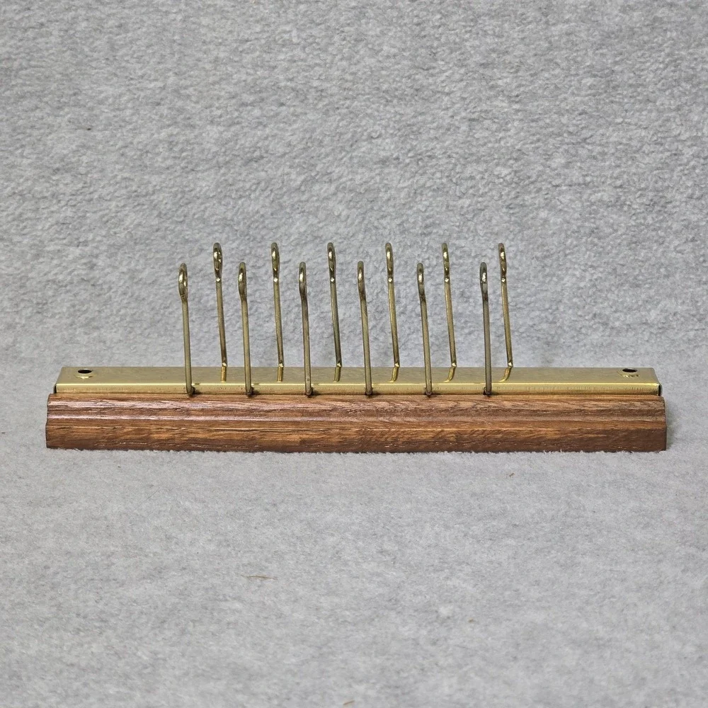 Vintage NOS Oak Wood Brass Tie Rack 12 Arm Wall Mount Necktie Organizer